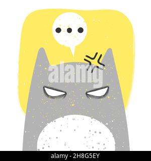 Cute angry cat with anime emotion and speech babble. Hand drawn vector illustration of kitty in flat cartoon design. Cute childish clip art with kitte Stock Vector