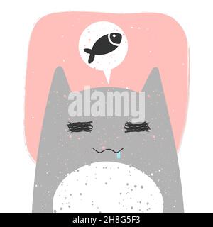 Cute hungry cat with anime emotion and speech babble with fish. Hand drawn vector illustration of kitty in flat cartoon design. Cute childish clip art Stock Vector