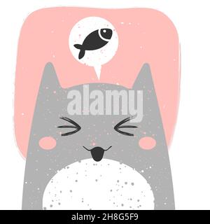 Cute smiling cat with anime emotion and speech babble with fish. hand drawn vector illustration of kitty in flat cartoon design. Cute childish clip ar Stock Vector