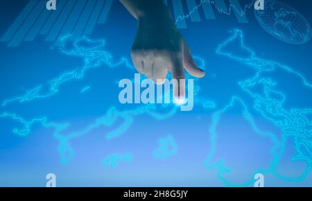 Businesswoman hand touching world map and bar graph. World wide map hologram on virtual screen. Global business and telecommunication technology conce Stock Photo