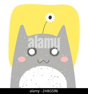 Cute smiling cat with anime emotion with flower. Hand drawn vector illustration of kitty in flat cartoon design. Cute childish clip art with kitten. I Stock Vector