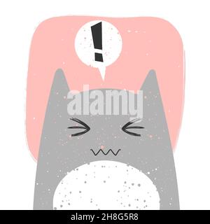 Cute confused cat with anime emotion and speech babble. Hand drawn vector illustration of kitty in flat cartoon design. Cute childish clip art with ki Stock Vector