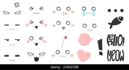 Kawaii cats various emotions: happy, love, kiss, angry, crying, confused and etc in anime or manga style. Hand drawn bundle  with funny kitten faces i Stock Vector