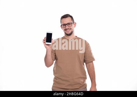 Man Holding Phone Isolated. Man Phone in Hands. Technology Stock Photo