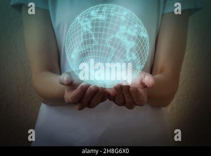 Woman's hands holding the earth globe. Global business concept Stock Photo