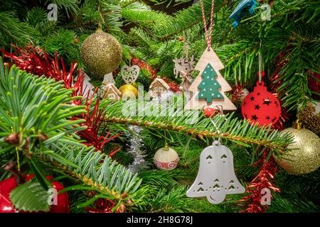 Christmas tree view from inside. Decorated green Christmas tree. Christmas background. Stock Photo
