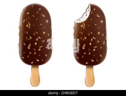 Ice cream with chocolate glaze and nuts on a stick. Brown whole and bitten chocolate ice cream popsicle with peanuts isolated on white background Real Stock Vector