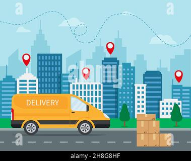 Delivery Concept. Fast delivery van. Delivery man sending in the city. . EPS 10 Stock Vector