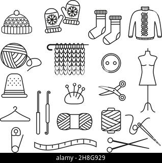 Set of woolen knitted clothes and knitting tools isolated on white background. Yarn buttons, hook and scissors, jumper, sock and mittens EPS 10 Stock Vector