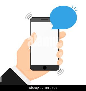 Hand holding smartphone with speech bubble. concept of online communion, voicemail and chat application. isolated on white background. flat style tren Stock Vector