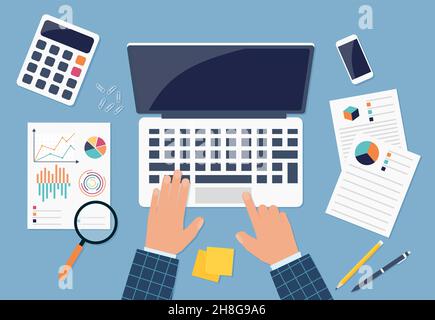 Financial Accounting Desk. Top view of a table, laptop, folder, documents, notepad, business card, books, coffee, business, organization. Eps 10 Stock Vector
