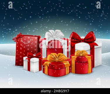 Presents. christmas gifts boxes front of winter christmas background 3d-illustration Stock Vector