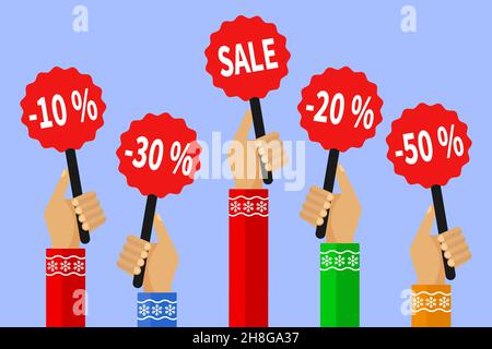 Concept of discount. A lot of hands holding placards with sales. Colorful Vector Illustration in flat style Stock Vector