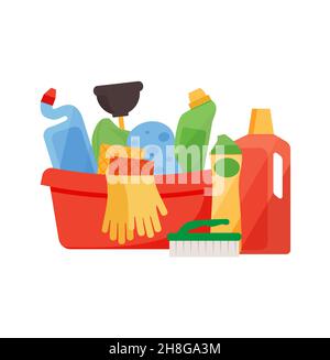 Assorted cleaning items set with brooms, bucket, mops, spray, brushes, sponges. Cleaning accessories flat style. EPS 10 Stock Vector