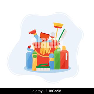 Assorted cleaning items set with brooms, bucket, mops, spray, brushes, sponges. Cleaning accessories flat style. EPS 10 Stock Vector