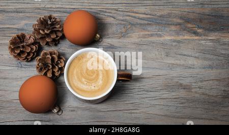 Christmas coffee on wooden background. Stock Photo