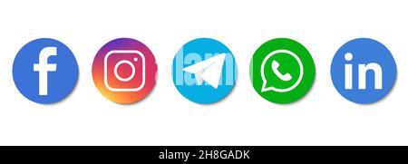 Set of most popular social media icons: Facebook, Instagram, Telegram, WhatsApp, Linkedin Stock Vector