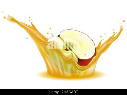 Apple in a splash of juice with drops, apple Juice splash. Vector realistic Stock Vector