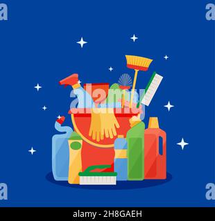 Assorted cleaning items set with brooms, bucket, mops, spray, brushes, sponges. Cleaning accessories flat style. EPS 10 Stock Vector
