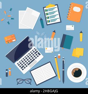 Desktop workplace background. Top view of a table, laptop, folder, documents, notepad, business card, books, coffee business organization Eps 10 Stock Vector