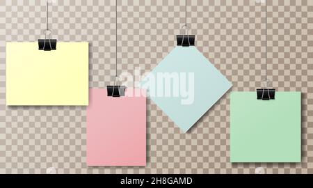 A set of multicolored pieces of paper and office clips on a transparent background. Clothespin on a transparent background. Colored pieces of paper. S Stock Vector