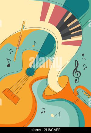 Poster with different musical instruments. Placard design in doodle style. Stock Vector