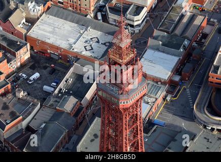 aerial view of the top of Blackpool Tower taken with a telephoto lens from a light aircraft flying at over 1500' Stock Photo