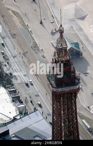 aerial view of the top of Blackpool Tower taken with a telephoto lens from a light aircraft flying at over 1500' Stock Photo