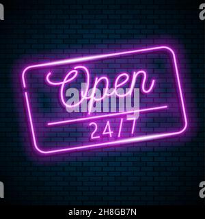 open round the clock sign on brick wall background. Realistic glowing neon inscription. Vector Stock Vector