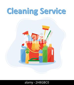 Assorted cleaning items set with brooms, bucket, mops, spray, brushes, sponges. Cleaning accessories flat style. EPS 10 Stock Vector
