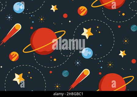 Seamless pattern with planets and stars. Texture with space objects in flat style. Stock Vector