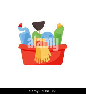 Assorted cleaning items set with brooms, bucket, mops, spray, brushes, sponges. Cleaning accessories flat style. EPS 10 Stock Vector