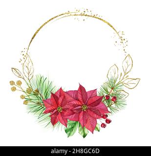 Basic Frame Round Pine wreath watercolor illustration. Circular evergreen frame features ...