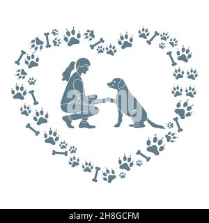 Vector illustration Woman and labrador playing together Dog gives paw on background of dog tracks, bones in the shape of heart Owner teaching pet comm Stock Vector