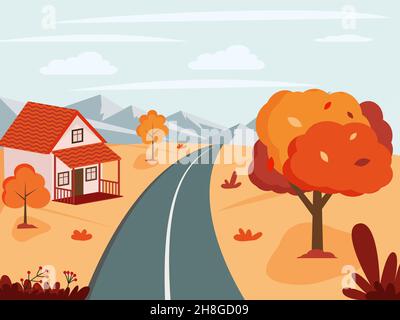 Autumn landscape with a road to the mountains. Vector illustration in flat style EPS 10 Stock Vector