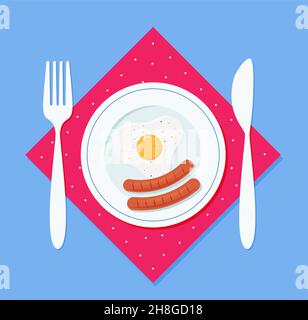 Breakfast fried egg and sausages on a plate, with a fork and a knife on a napkin. Vector illustration in flat style EPS 10 Stock Vector