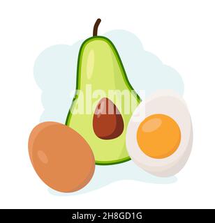 Avocado and egg are fresh, dietary, organic, food. Cartoon style EPS 10 Stock Vector