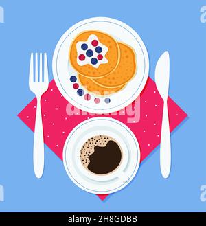 Breakfast pancakes on a plate, with a fork and knife and a cup of coffee on a napkin. Vector illustration in flat style EPS 10 Stock Vector
