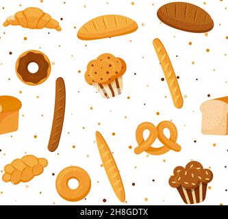 Bakery products buns and bread seamless pattern vector. EPS 10 Stock Vector