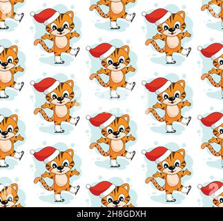 Merry cartoon tiger christmas pattern vector illustration. EPS 10 Stock Vector