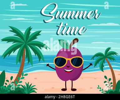 Funny summer beach background with plum fruit character. Cartoon style. Summer time postcard EPS 10 Stock Vector