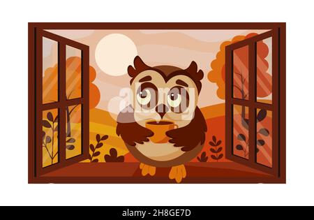 Owl with coffee sits on the window on the background of the autumn landscape Eps 10 Stock Vector