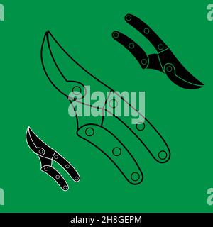 Gardening tools set of three pruners in different style simple minimalistic flat design icon vector illustration isolated on green background Stock Vector