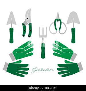 Gardening tools set of gloves, trowels, hand fork, scissors and pruners in blue colour simple minimalistic flat design icon vector illustration isolat Stock Vector