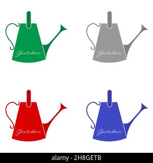 Gardening tools set of four watering cans in different colours simple minimalistic flat design icon vector illustration isolated on white background Stock Vector