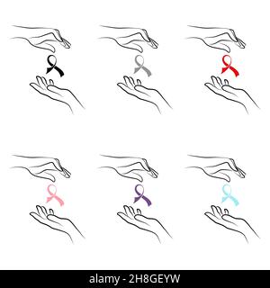 Set of women hands holding awareness ribbon simple outline minimalistic linear gesture style. Vector Illustration of female hands for create logos, po Stock Vector