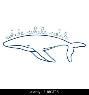 Humpback whale with handdrawn phrase whale, whale, whale minimalist simple outline vector logo illustration. Isolated contour whale drawing on white b Stock Vector