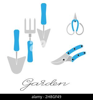 Gardening tools set of trowels, hand fork, scissors and pruners in blue colour simple minimalistic flat design icon vector illustration isolated on wh Stock Vector