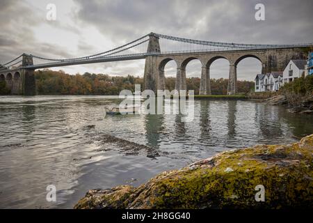 Menai Suspension Bridge, built in 1826 by Thomas Telford, Bangor, north Wales. Crossing to Isle of Anglesey Stock Photo