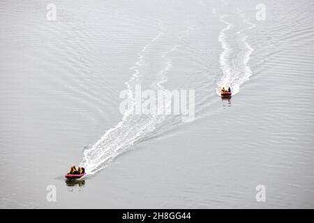 Menai Strait , view from Menai Bridge with Bangor Pier on the skyline , north Wales.  Isle of Anglesey Stock Photo